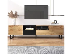 Móvel TV com 2 portas, 2 gavetas e 2 nichos, em preto e folheado de madeira natural