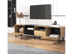 Móvel TV com 2 portas, 2 gavetas e 2 nichos, em preto e folheado de madeira natural
