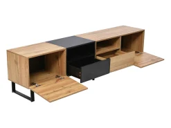 Móvel TV com 2 portas, 2 gavetas e 2 nichos, em preto e folheado de madeira natural