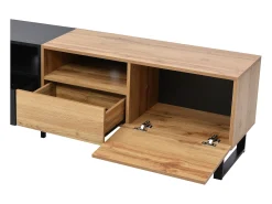 Móvel TV com 2 portas, 2 gavetas e 2 nichos, em preto e folheado de madeira natural