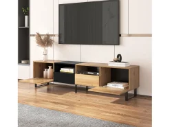 Móvel TV com 2 portas, 2 gavetas e 2 nichos, em preto e folheado de madeira natural