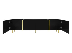 Móvel TV com 4 portas, corpo lacado preto brilhante e faixa dourada - 170x35x46cm