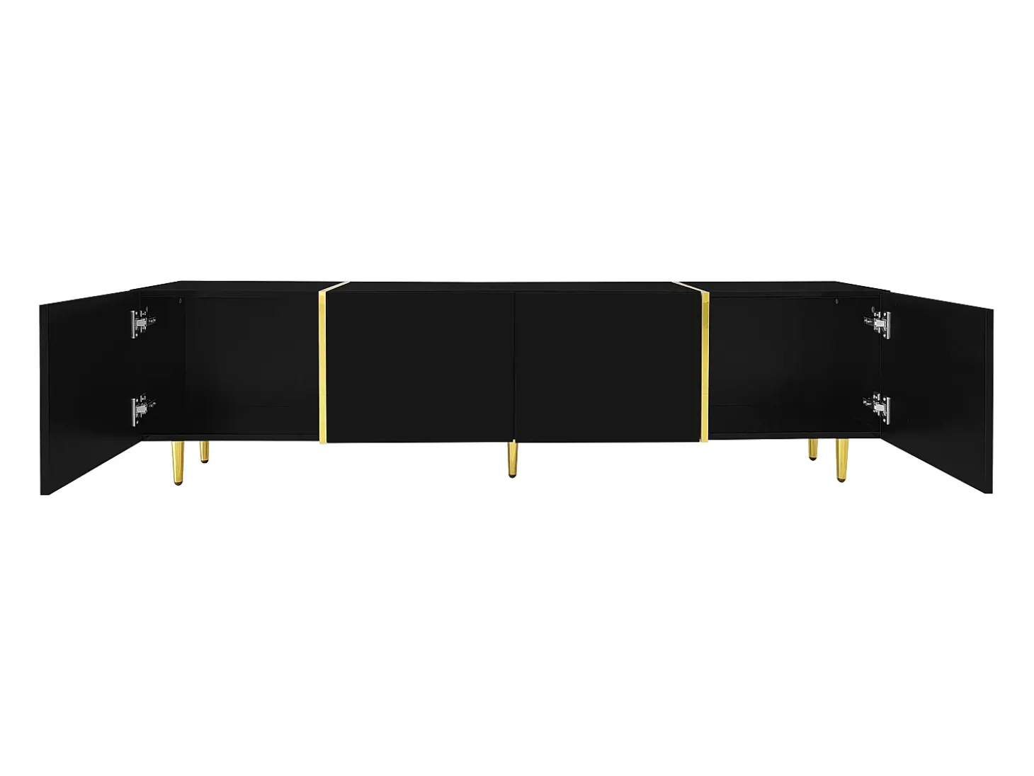 Móvel TV com 4 portas, corpo lacado preto brilhante e faixa dourada - 170x35x46cm