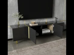 Móvel TV com 4 portas, corpo lacado preto brilhante e faixa dourada - 170x35x46cm