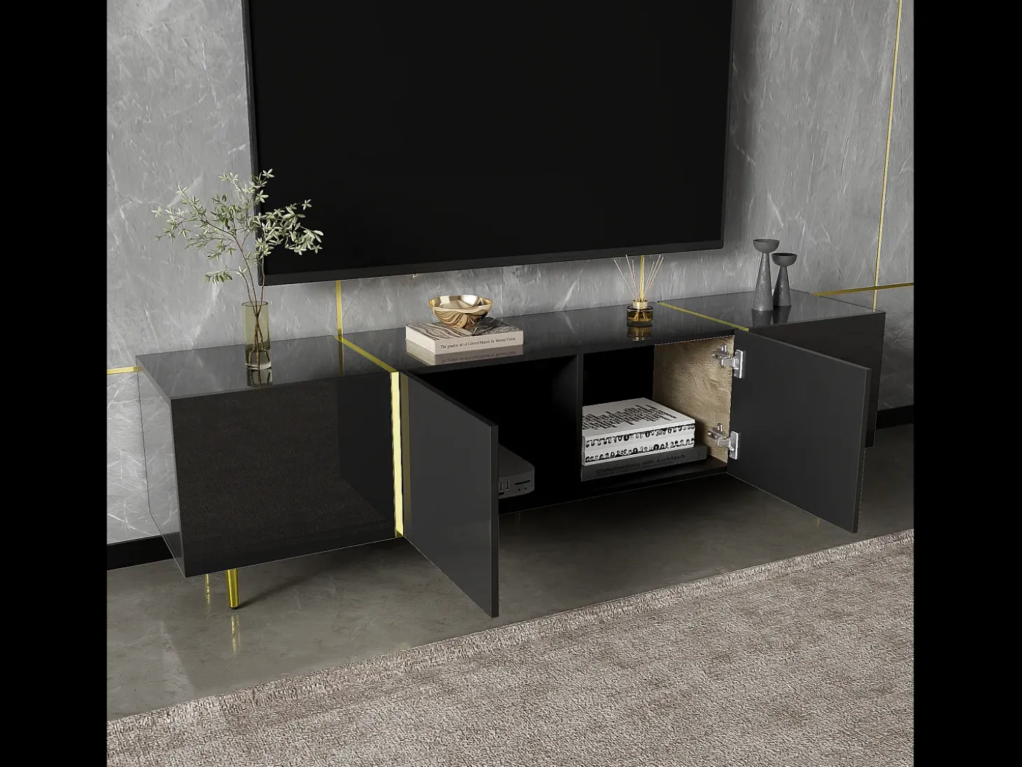 Móvel TV com 4 portas, corpo lacado preto brilhante e faixa dourada - 170x35x46cm