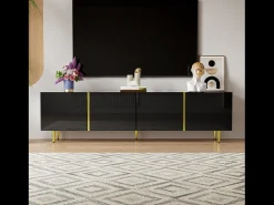 Móvel TV com 4 portas, corpo lacado preto brilhante e faixa dourada - 170x35x46cm