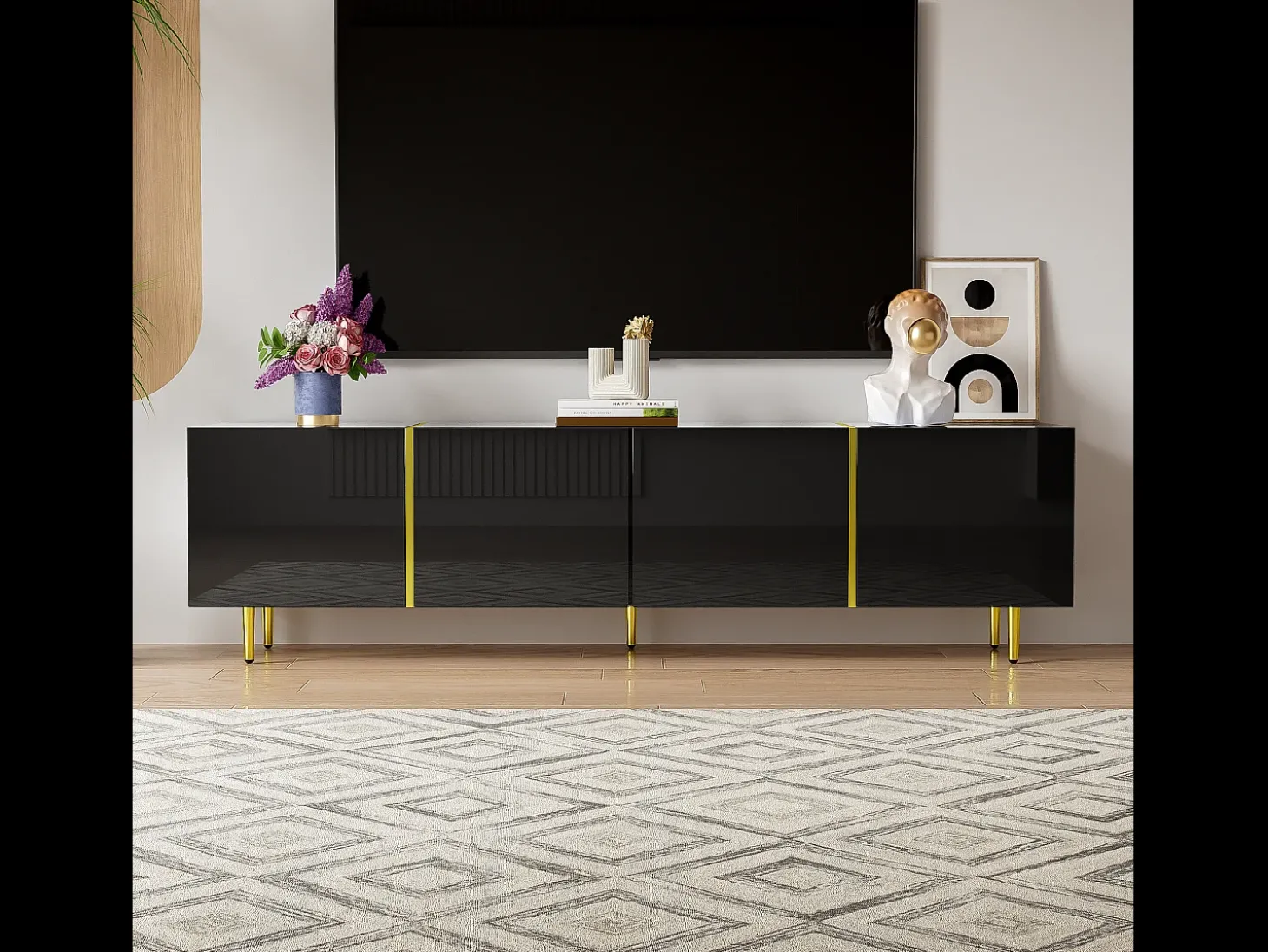 Móvel TV com 4 portas, corpo lacado preto brilhante e faixa dourada - 170x35x46cm