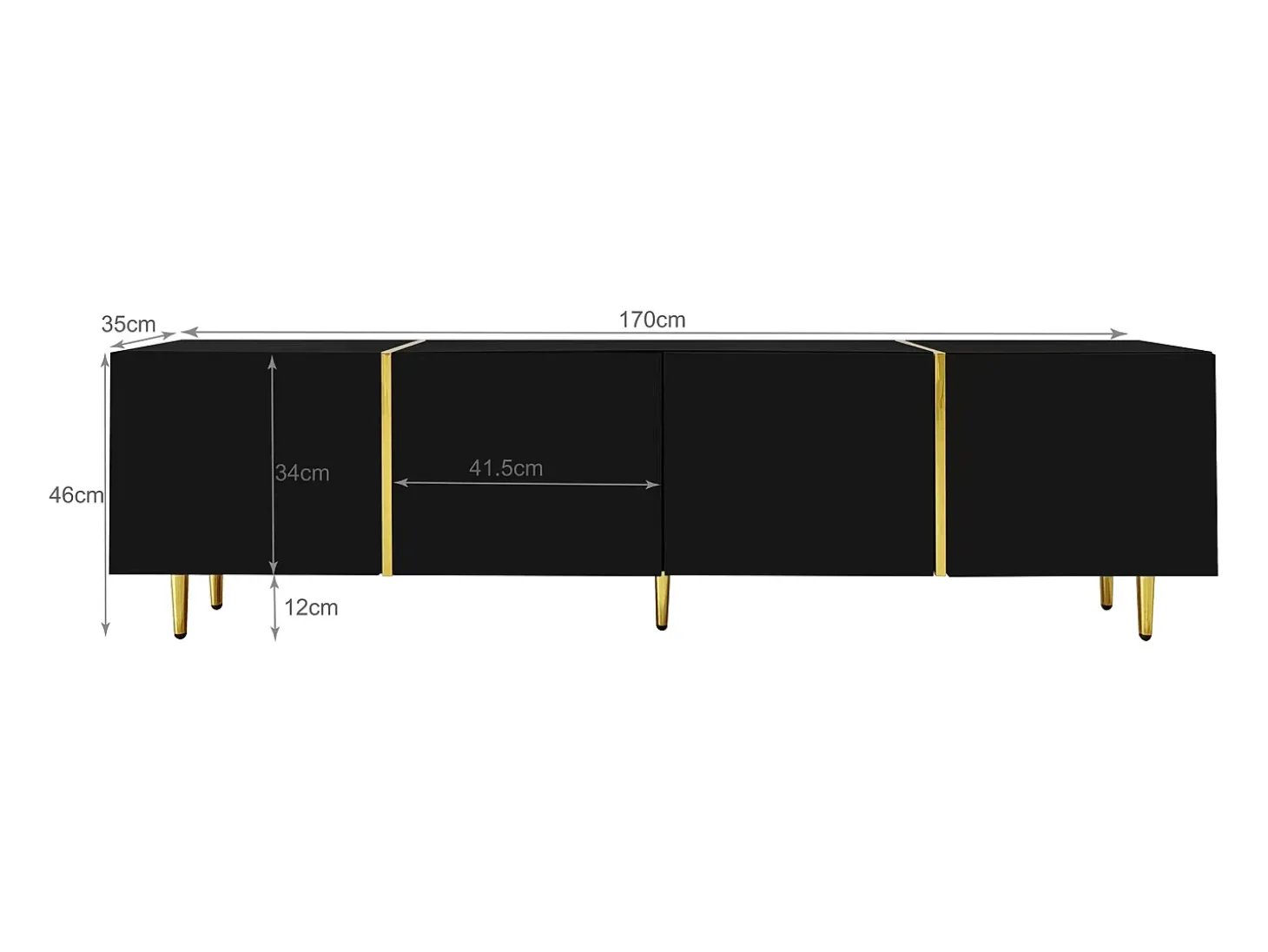 Móvel TV com 4 portas, corpo lacado preto brilhante e faixa dourada - 170x35x46cm