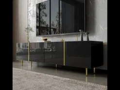 Móvel TV com 4 portas, corpo lacado preto brilhante e faixa dourada - 170x35x46cm