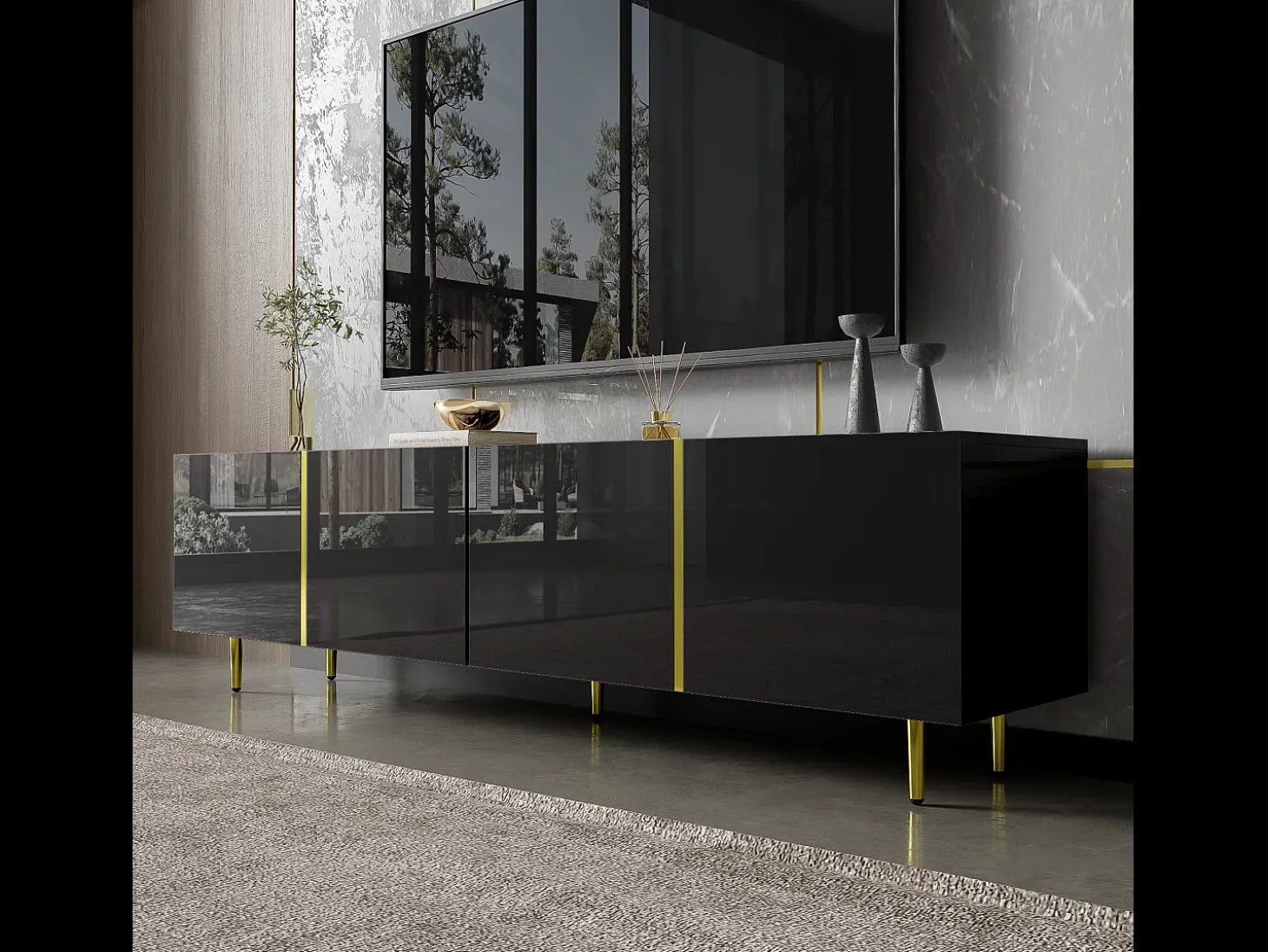 Móvel TV com 4 portas, corpo lacado preto brilhante e faixa dourada - 170x35x46cm