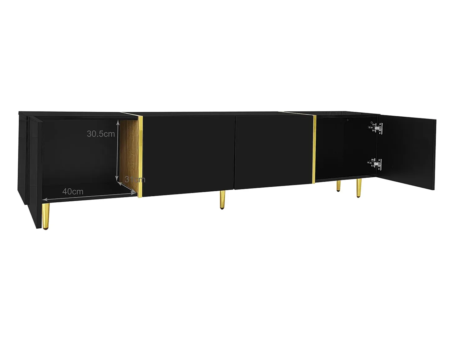 Móvel TV com 4 portas, corpo lacado preto brilhante e faixa dourada - 170x35x46cm
