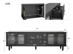Móvel TV com 4 portas de vidro e 2 gavetas - 175x38x55,5cm - Aglomerado - Puxadores dourados - preto