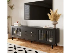 Móvel TV com 4 portas de vidro e 2 gavetas - 175x38x55,5cm - Aglomerado - Puxadores dourados - preto