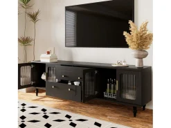 Móvel TV com 4 portas de vidro e 2 gavetas - 175x38x55,5cm - Aglomerado - Puxadores dourados - preto