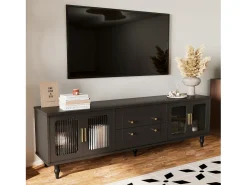 Móvel TV com 4 portas de vidro e 2 gavetas - 175x38x55,5cm - Aglomerado - Puxadores dourados - preto