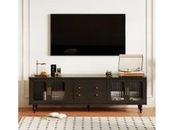 Móvel TV com 4 portas de vidro e 2 gavetas - 175x38x55,5cm - Aglomerado - Puxadores dourados - preto