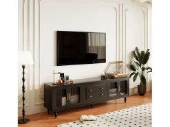 Móvel TV com 4 portas de vidro e 2 gavetas - 175x38x55,5cm - Aglomerado - Puxadores dourados - preto