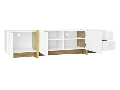 Móvel TV com 3 portas e 2 gavetas, corpo ranhurado na cor branca com detalhes dourados - 190x35x45cm