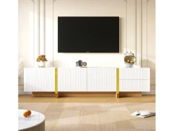 Móvel TV com 3 portas e 2 gavetas, corpo ranhurado na cor branca com detalhes dourados - 190x35x45cm