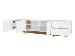 Móvel TV com 3 portas e 2 gavetas, corpo ranhurado na cor branca com detalhes dourados - 190x35x45cm