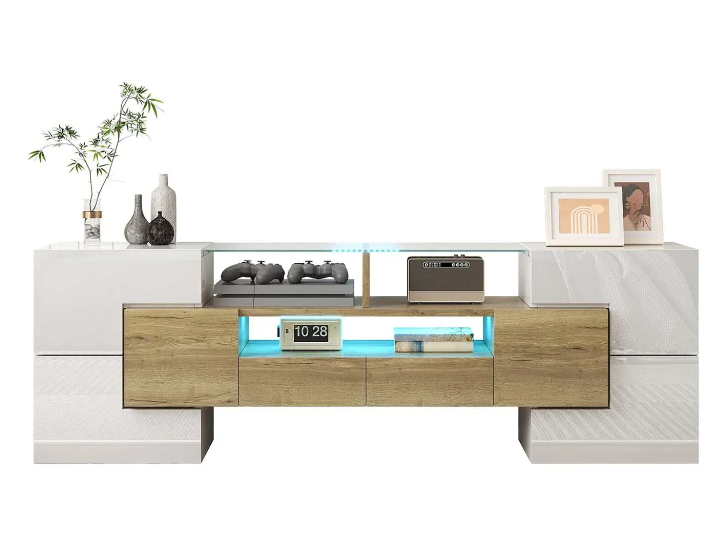 Móvel TV com 4 portas e 2 gavetas - 145 x 30 x 51 cm - LEDs - Aglomerado - Branco+Ouro