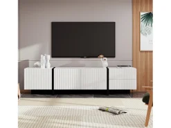 Móvel TV com 3 portas e 2 gavetas, corpo ranhurado na cor branca com detalhes em preto - 190x35x45cm