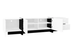 Móvel TV com 3 portas e 2 gavetas, corpo ranhurado na cor branca com detalhes em preto - 190x35x45cm
