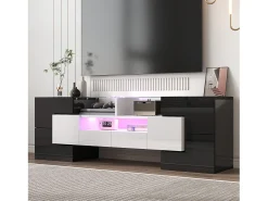 Móvel TV com 4 portas e 2 gavetas - 145 x 30 x 51 cm - LEDs - Aglomerado - Branco + Preto