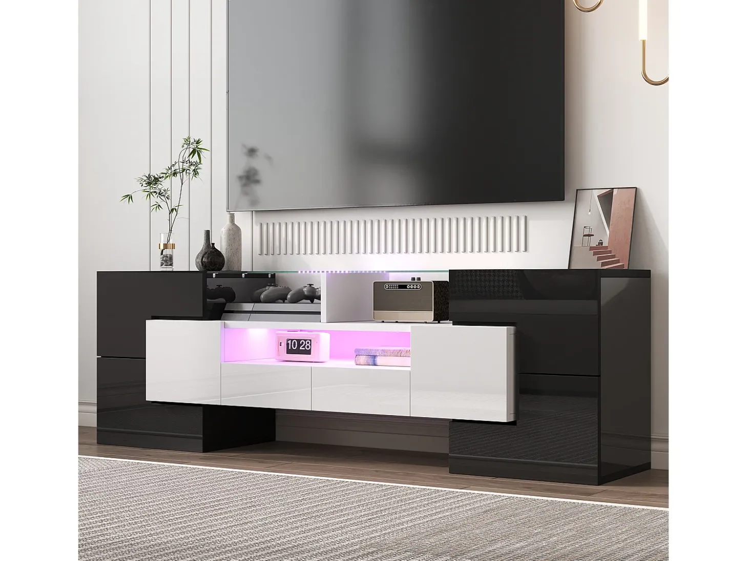 Móvel TV com 4 portas e 2 gavetas - 145 x 30 x 51 cm - LEDs - Aglomerado - Branco + Preto