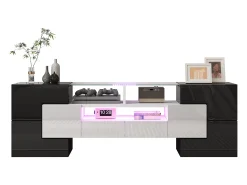 Móvel TV com 4 portas e 2 gavetas - 145 x 30 x 51 cm - LEDs - Aglomerado - Branco + Preto