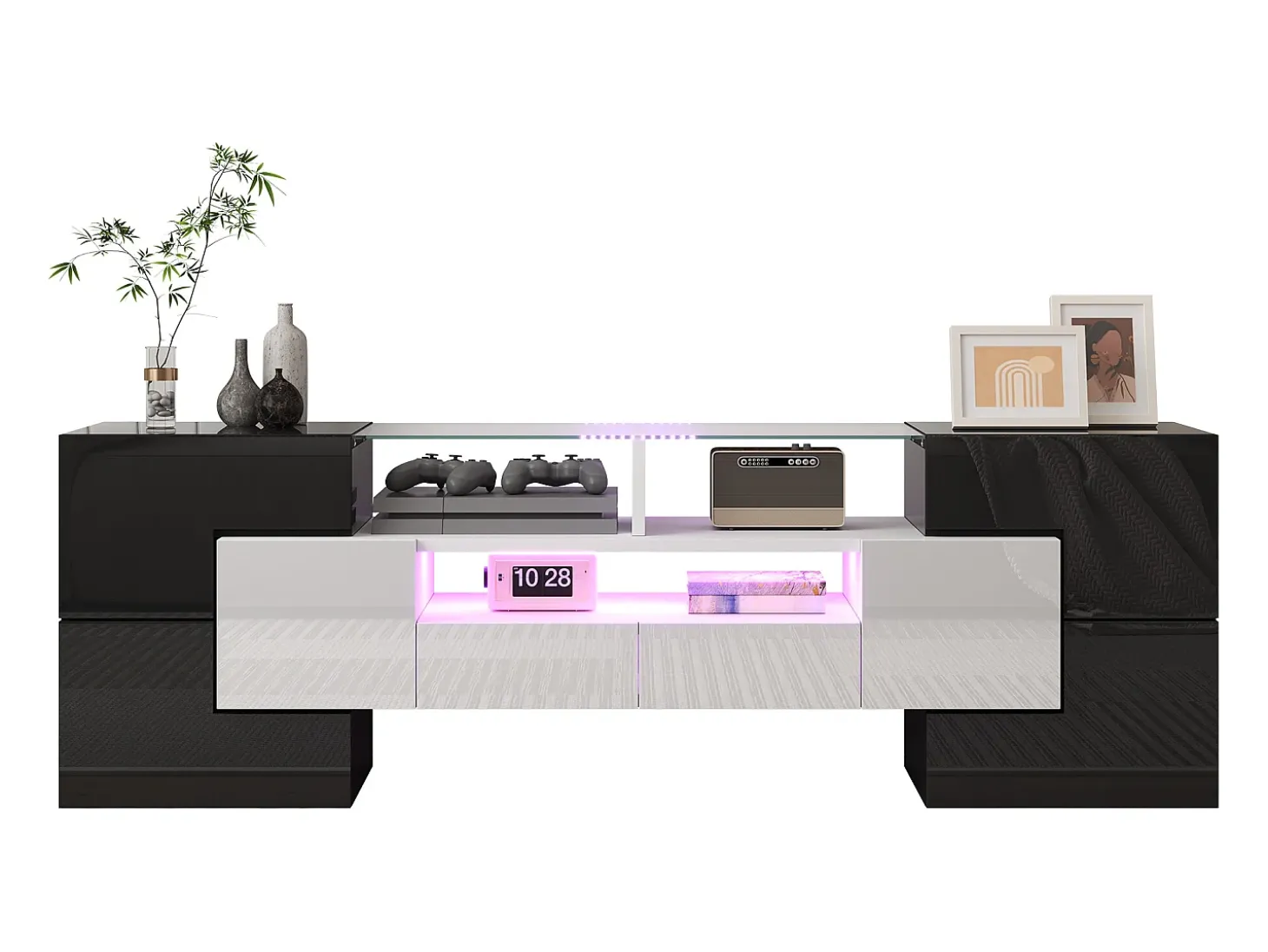 Móvel TV com 4 portas e 2 gavetas - 145 x 30 x 51 cm - LEDs - Aglomerado - Branco + Preto