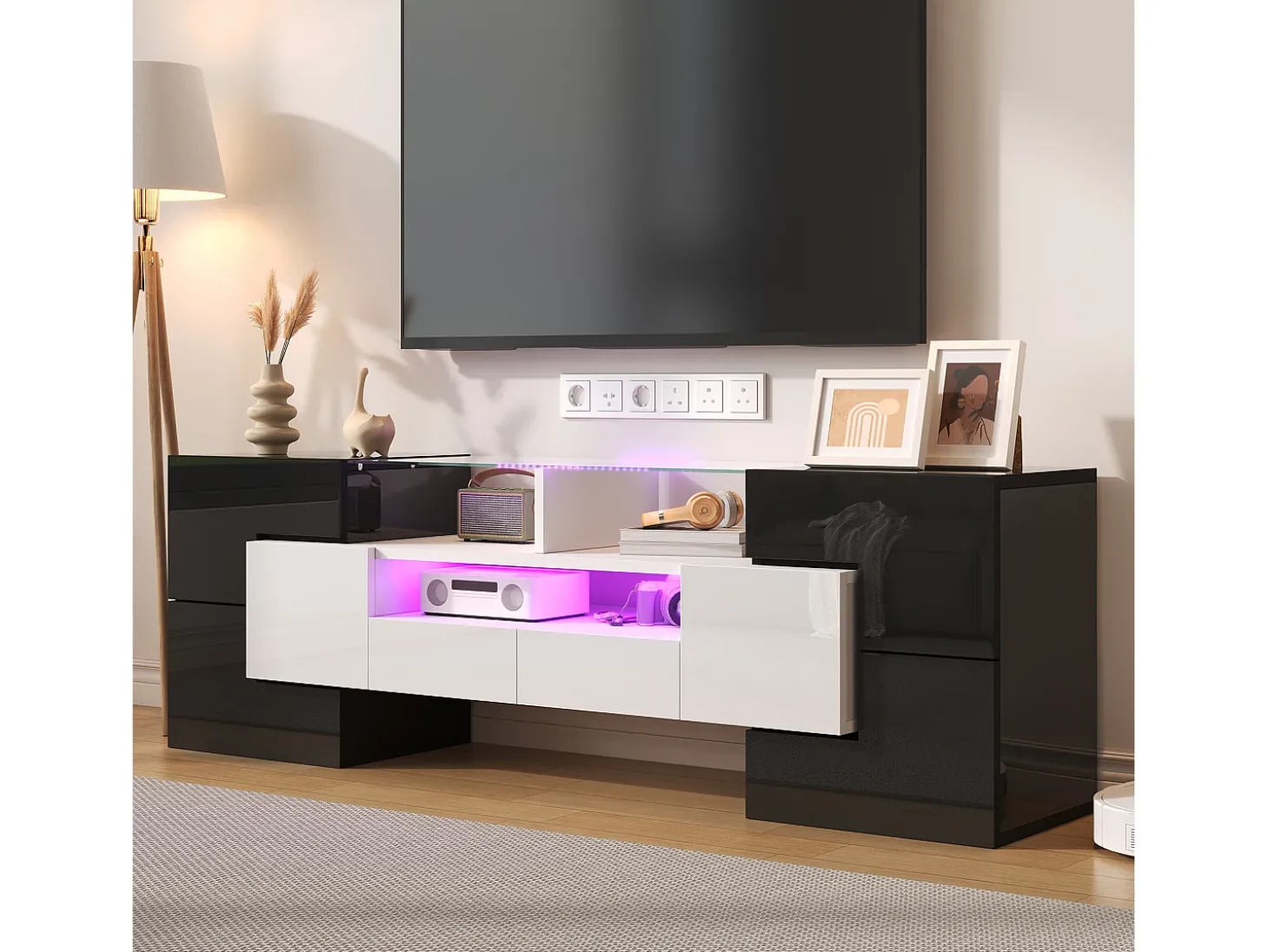 Móvel TV com 4 portas e 2 gavetas - 145 x 30 x 51 cm - LEDs - Aglomerado - Branco + Preto
