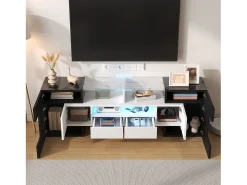 Móvel TV com 4 portas e 2 gavetas - 145 x 30 x 51 cm - LEDs - Aglomerado - Branco + Preto