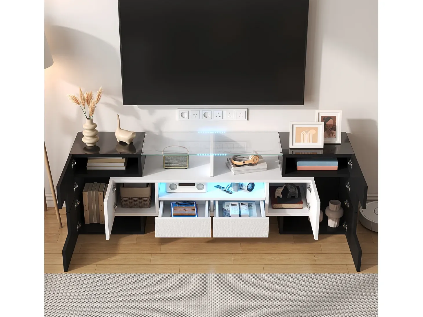 Móvel TV com 4 portas e 2 gavetas - 145 x 30 x 51 cm - LEDs - Aglomerado - Branco + Preto