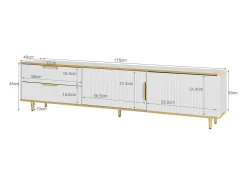 Móvel TV com 2 portas e 2 gavetas - 175x40x45cm - Madeira MDF - puxadores e pés dourados - tampo padrão mármore - branco