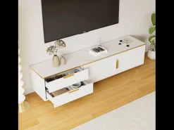 Móvel TV com 2 portas e 2 gavetas - 175x40x45cm - Madeira MDF - puxadores e pés dourados - tampo padrão mármore - branco