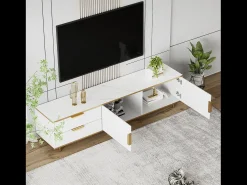 Móvel TV com 2 portas e 2 gavetas - 175x40x45cm - Madeira MDF - puxadores e pés dourados - tampo padrão mármore - branco