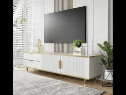 Móvel TV com 2 portas e 2 gavetas - 175x40x45cm - Madeira MDF - puxadores e pés dourados - tampo padrão mármore - branco