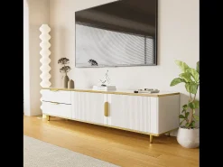 Móvel TV com 2 portas e 2 gavetas - 175x40x45cm - Madeira MDF - puxadores e pés dourados - tampo padrão mármore - branco