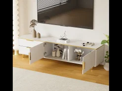 Móvel TV com 2 portas e 2 gavetas - 175x40x45cm - Madeira MDF - puxadores e pés dourados - tampo padrão mármore - branco