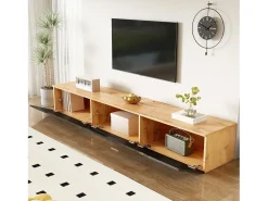 Móvel TV com 3 portas e LED, móvel TV de parede em laca preta brilhante e acabamento em madeira - 180x35x30cm