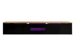 Móvel TV com 3 portas e LED, móvel TV de parede em laca preta brilhante e acabamento em madeira - 180x35x30cm