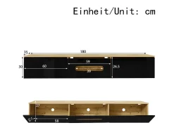 Móvel TV com 3 portas e LED, móvel TV de parede em laca preta brilhante e acabamento em madeira - 180x35x30cm