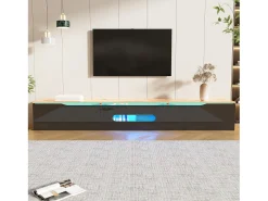 Móvel TV com 3 portas e LED, móvel TV de parede em laca preta brilhante e acabamento em madeira - 180x35x30cm