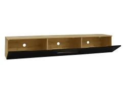 Móvel TV com 3 portas e LED, móvel TV de parede em laca preta brilhante e acabamento em madeira - 180x35x30cm