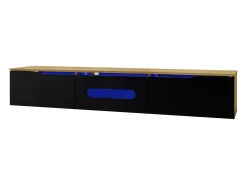 Móvel TV com 3 portas e LED, móvel TV de parede em laca preta brilhante e acabamento em madeira - 180x35x30cm