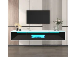 Móvel TV com 3 portas e LED, móvel TV de parede, lacado branco e preto