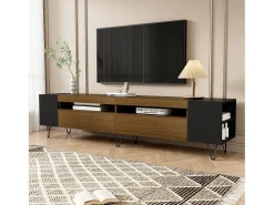 Móvel TV com 2 portas e nichos laterais - 180 x 36 x 43 cm - LEDs - MDF e aglomerado - Preto + natural