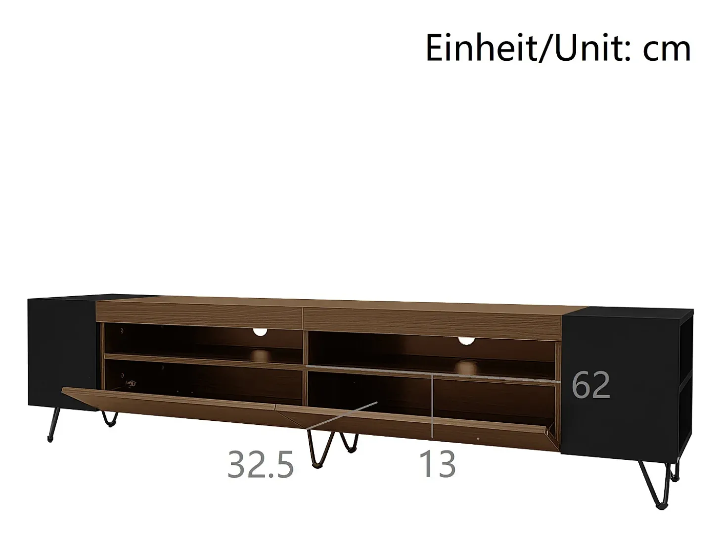 Móvel TV com 2 portas e nichos laterais - 180 x 36 x 43 cm - LEDs - MDF e aglomerado - Preto + natural