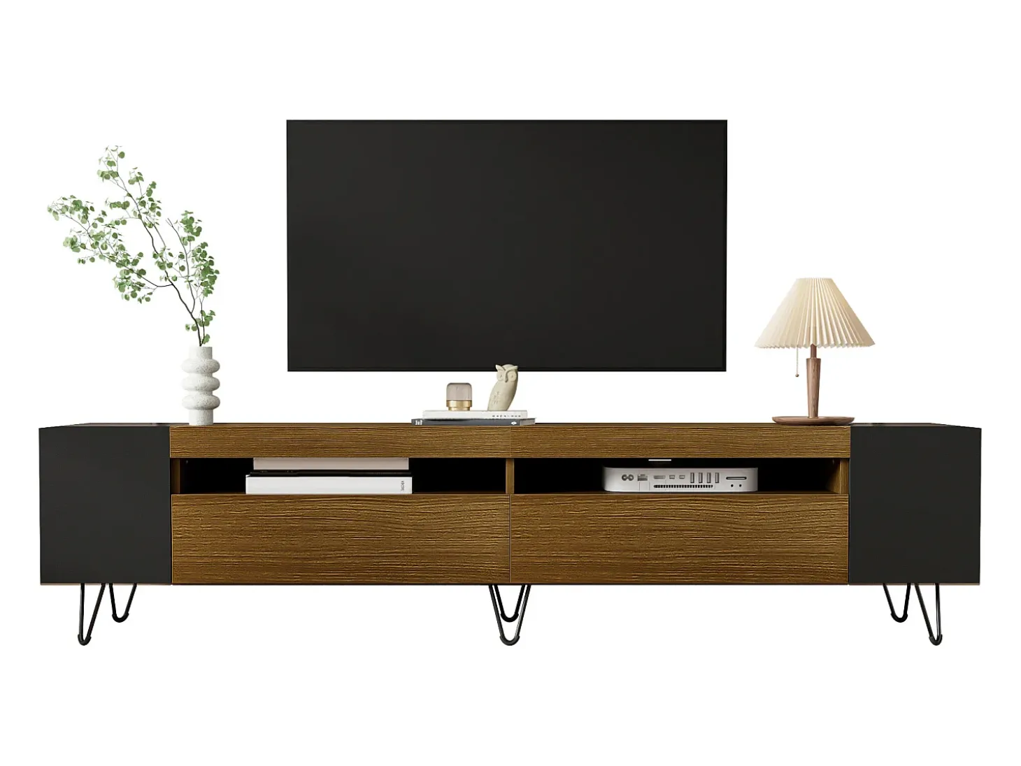 Móvel TV com 2 portas e nichos laterais - 180 x 36 x 43 cm - LEDs - MDF e aglomerado - Preto + natural